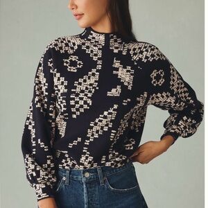 Anthropologie Beatriz Mock-Neck Sweater | XXS | Navy Print